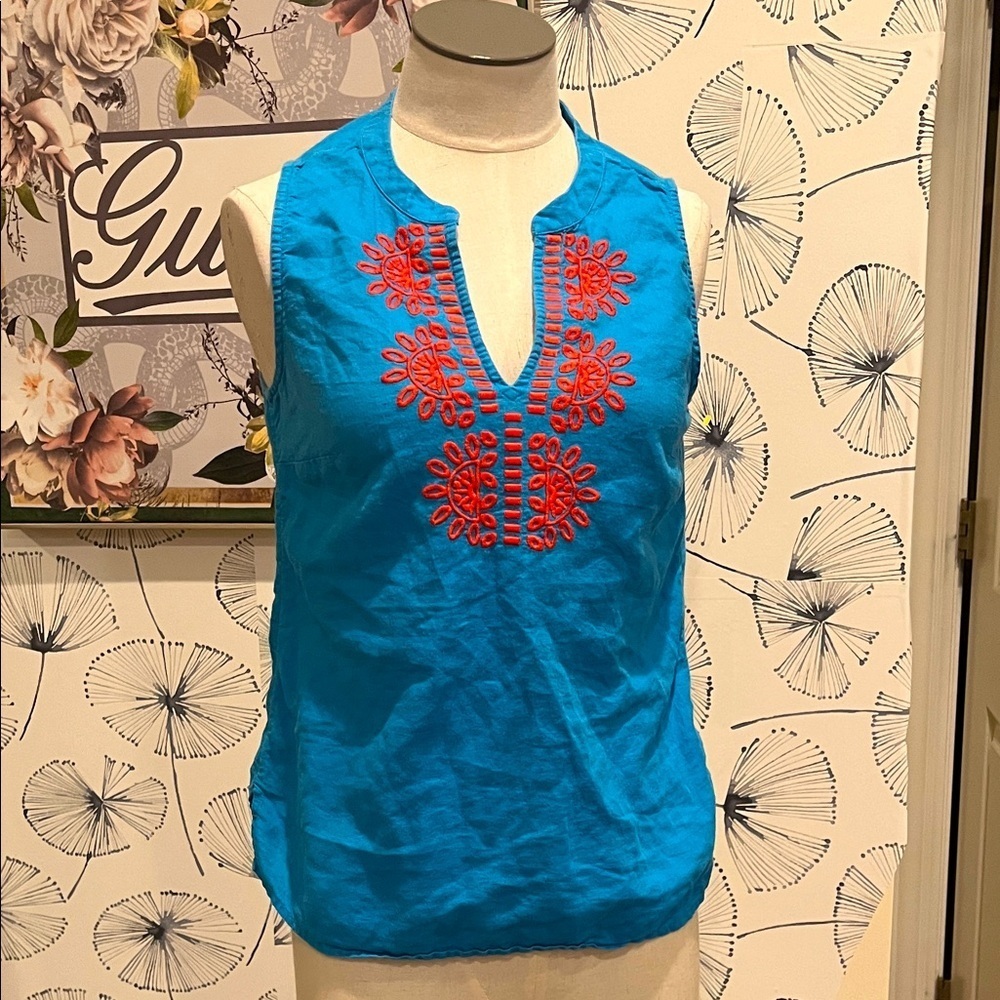 J Crew 00 Blue Sleeveless Top with Red Embroidery